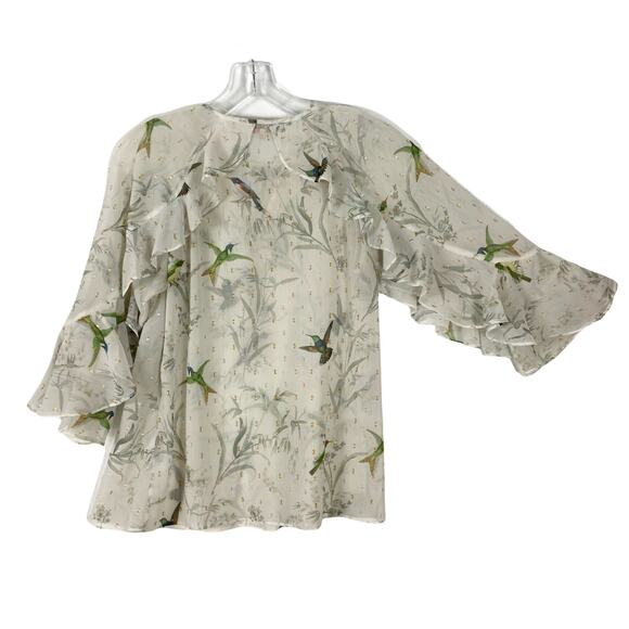 NWOT TED BAKER Top 1/4 Ivory Chiffon Hummingbird Gold Silver Swiss-Dot Long-Slv - Picture 3 of 13
